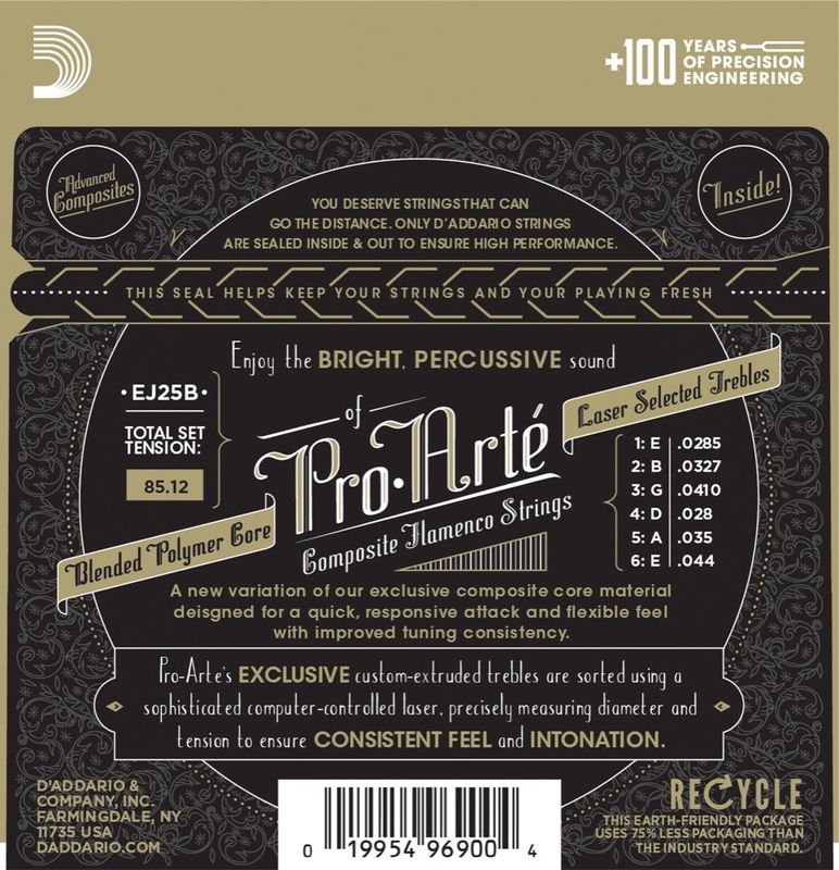 D'Addario Fretted EJ25B. Pro-Arté Black Nylon Composite, Flamenco.